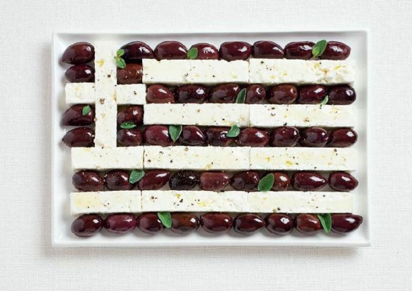 Greece’s flag made from Kalamata olives and feta cheese.