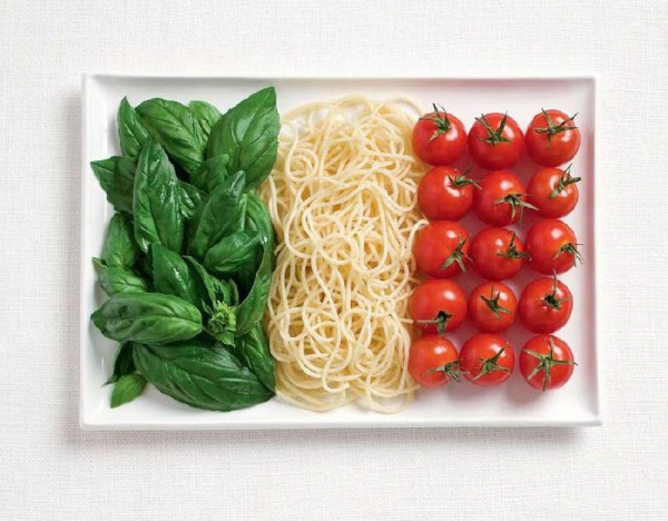 Italy’s flag made from Basil, pasta, and tomatoes.