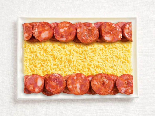 Spain’s flag made from chorizo and rice.