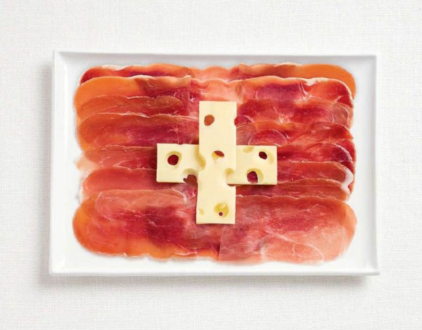 Switzerland’s flag made from charcuteries and emmental.