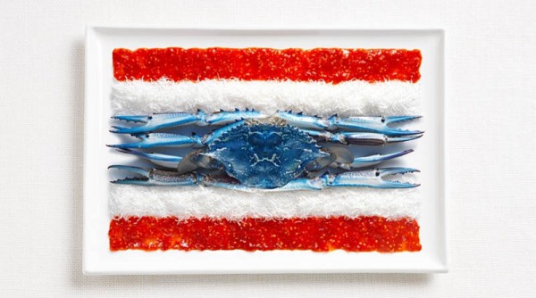 Thailand’s flag made from sweet chilli sauce, shredded coconut and blue swimmer crab.